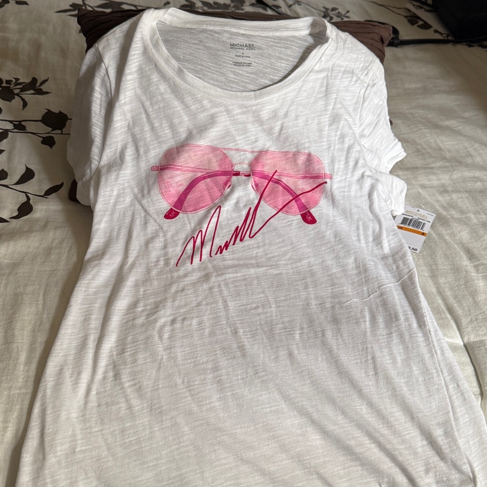 Michael Kors White Tee with Pink Sunglasses Design